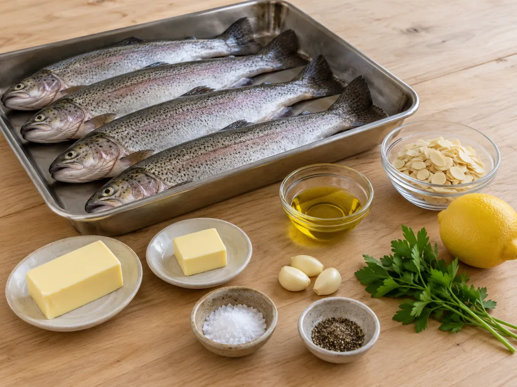 Четири пъстърви, масло, филирани бадеми, чесън, лимон и магданоз