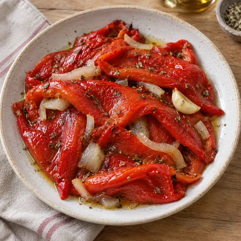 Мариновани печени червени чушки с риган, лук и чесън в светла чиния