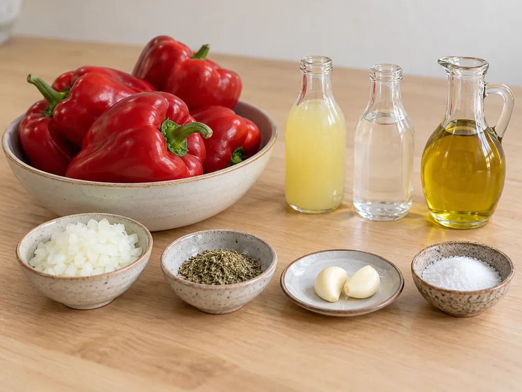 Червени чушки, оцет, лимонов сок, олио, лук, риган, чесън и сол