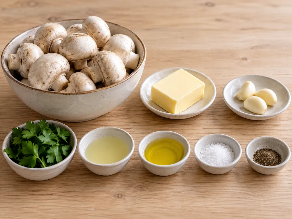 Печурки, масло, чесън, магданоз, лимонов сок, олио, сол и черен пипер