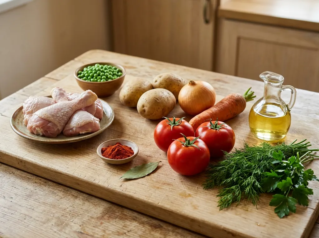 Пилешки бутчета, грах, картофи, домати, копър и магданоз за яхния