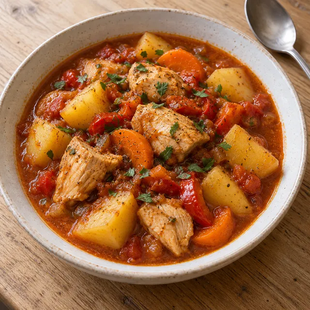 Пилешка яхния с картофи, моркови и магданоз в червен доматен сос