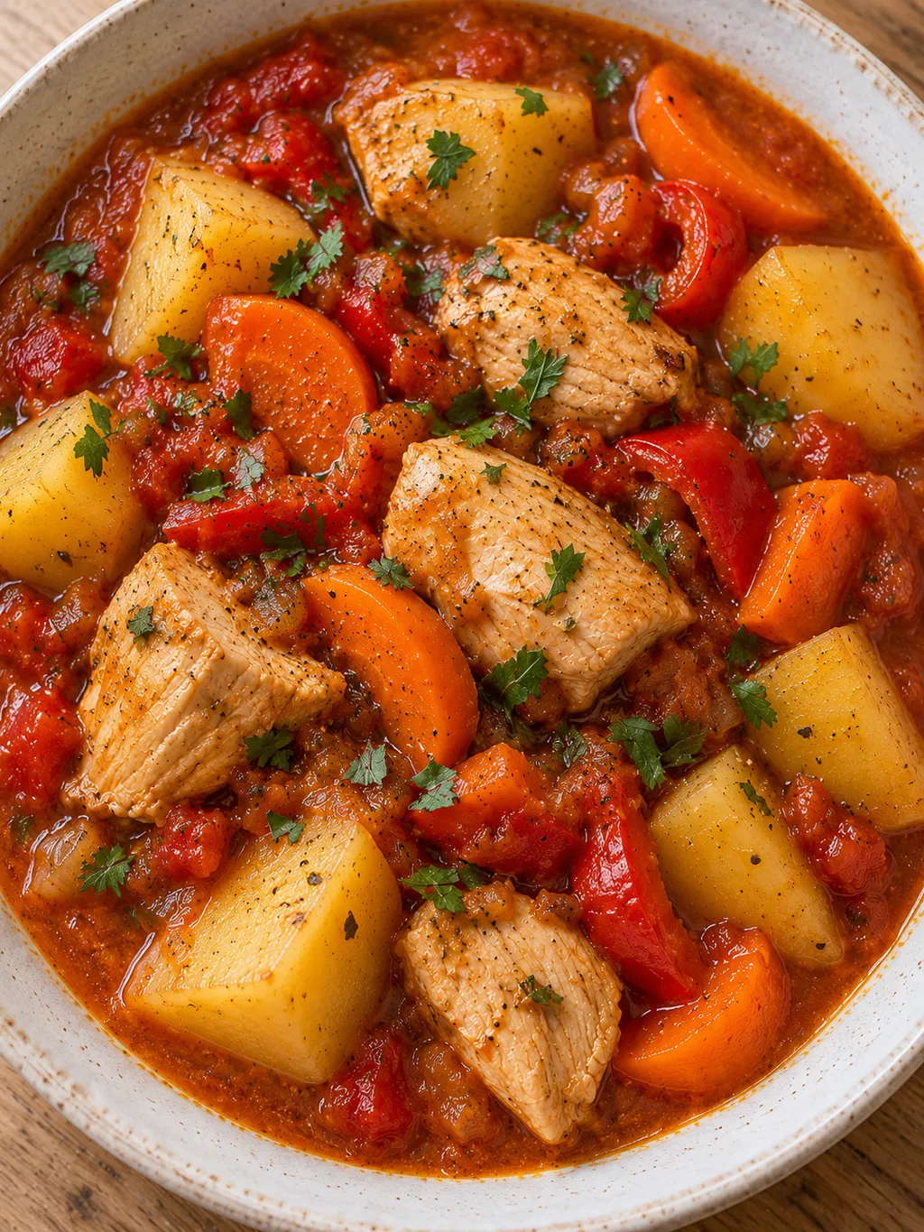 Пилешка яхния с едри картофи и моркови в доматен сос, поръсена с магданоз