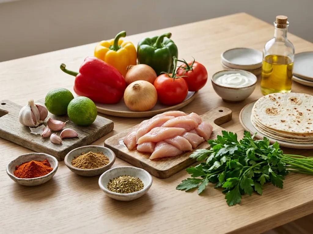 Продукти за пилешки фахитас с чушки, лук, тортили и подправки