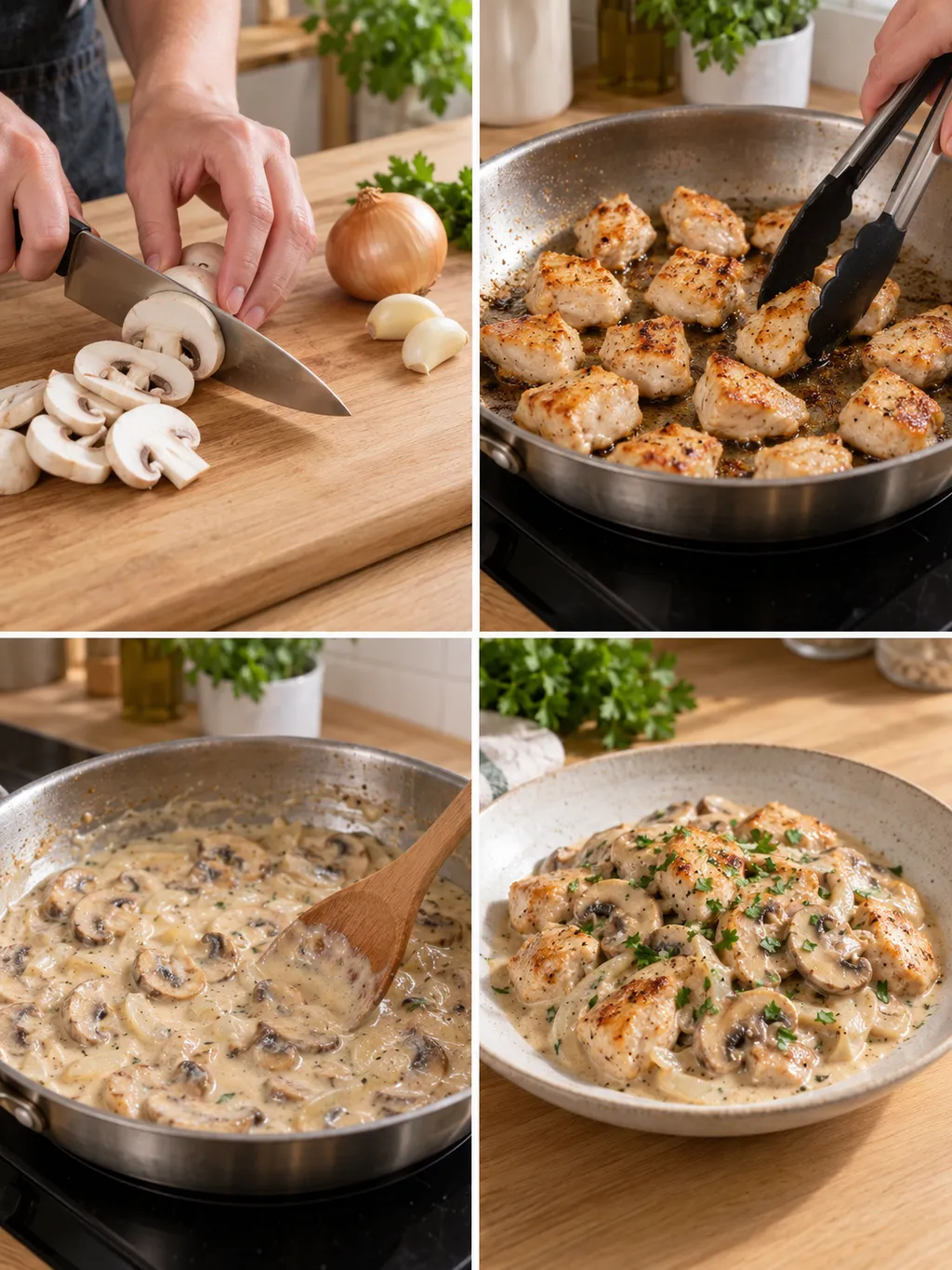 Подготовка на печурките, запичане на пилето, сметанов сос и готовото ястие