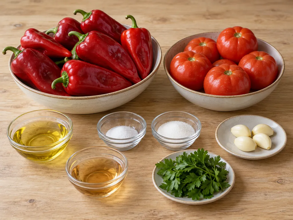 Червени чушки, домати, чесън, олио, оцет, сол, захар и магданоз за пинджур