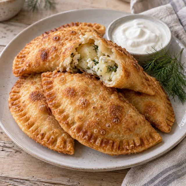 Златисти пържени пирожки с картофи и сирене, разчупени на чиния