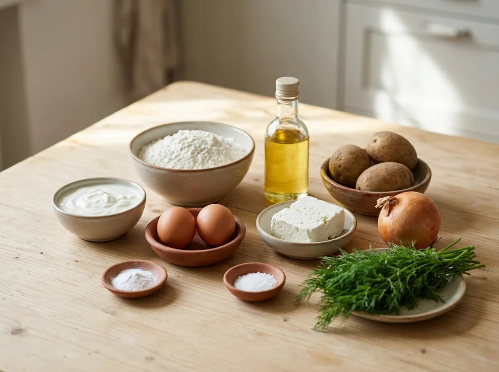Брашно, кисело мляко, яйца, картофи, сирене и копър за пирожки
