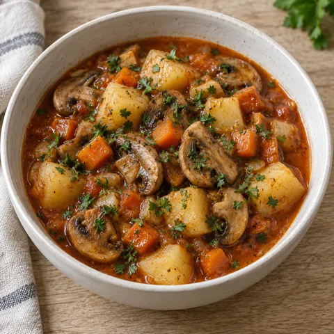 Постна гъбена яхния с картофи, моркови и магданоз в дълбока чиния