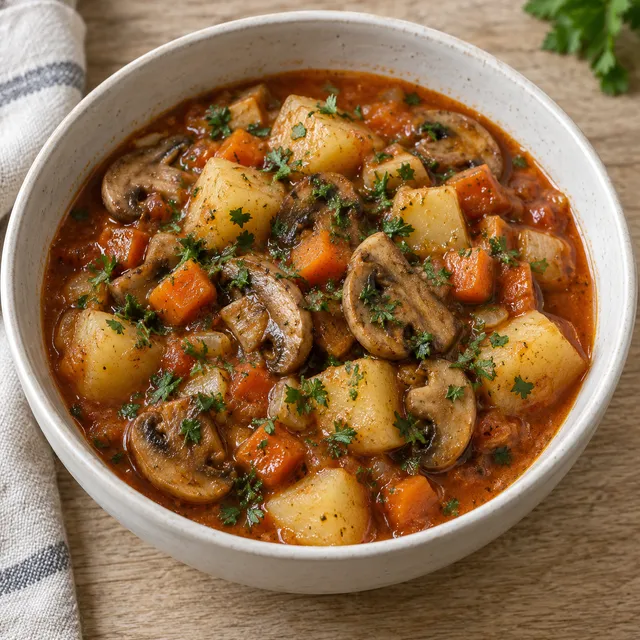 Постна гъбена яхния с картофи, моркови и магданоз в дълбока чиния
