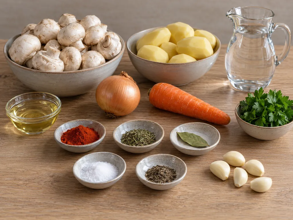 Печурки, картофи, лук, морков, чесън и подправки за постна яхния