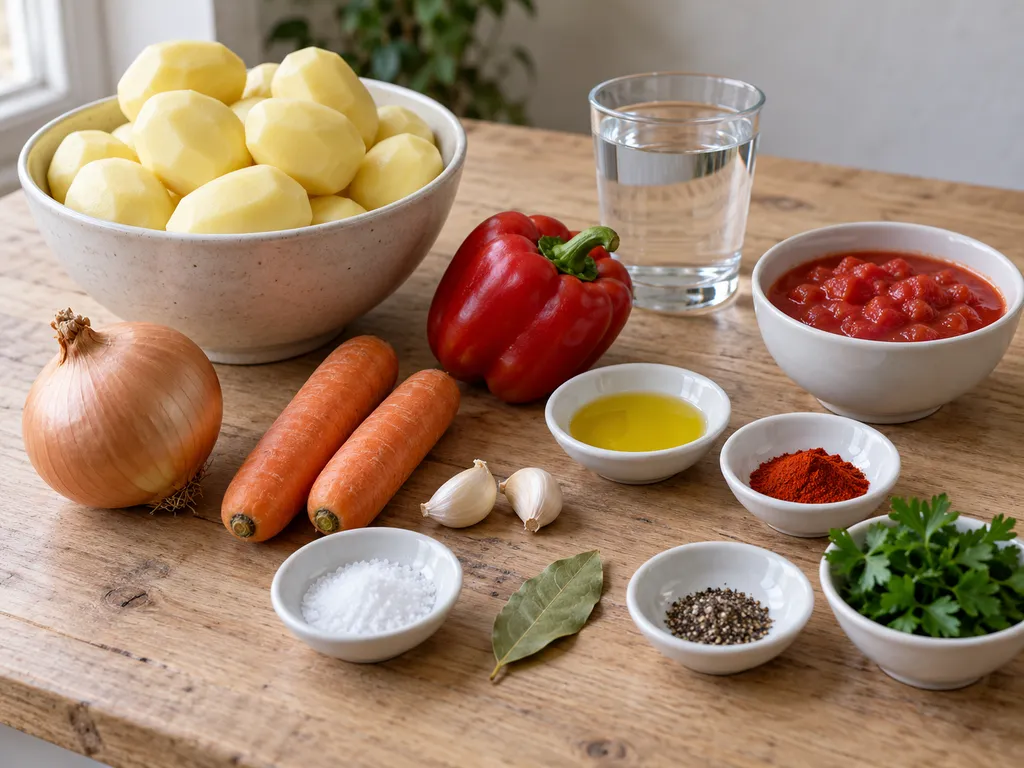 Картофи, лук, моркови, чушка, домати и подправки за постна яхния