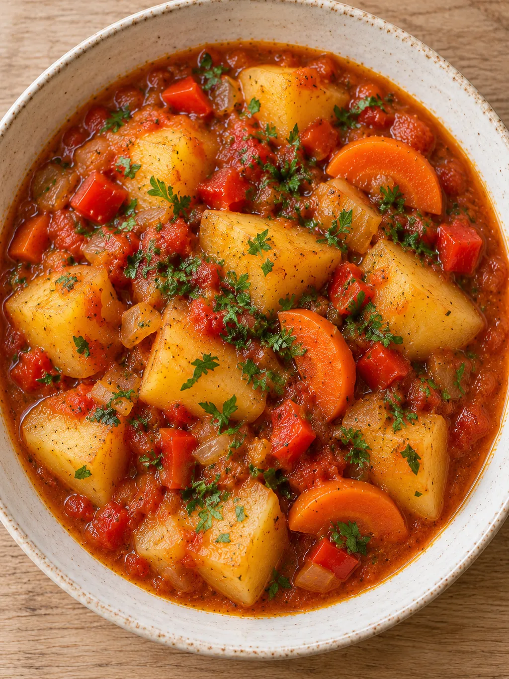 Картофена яхния с плътен доматен сос, моркови и пресен магданоз