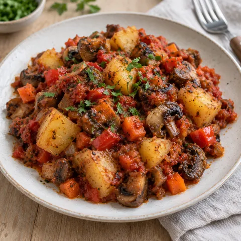 Постна мусака с картофи, печурки и зеленчуци, поръсена с магданоз