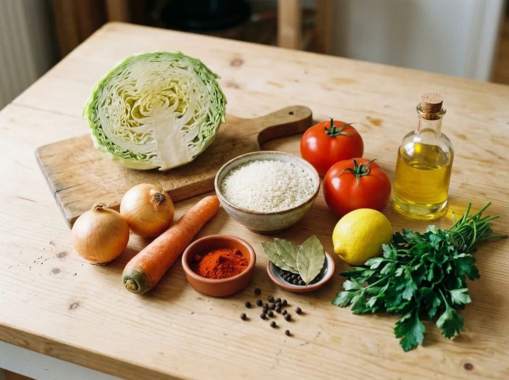 Продукти за зеле с ориз на дървена повърхност