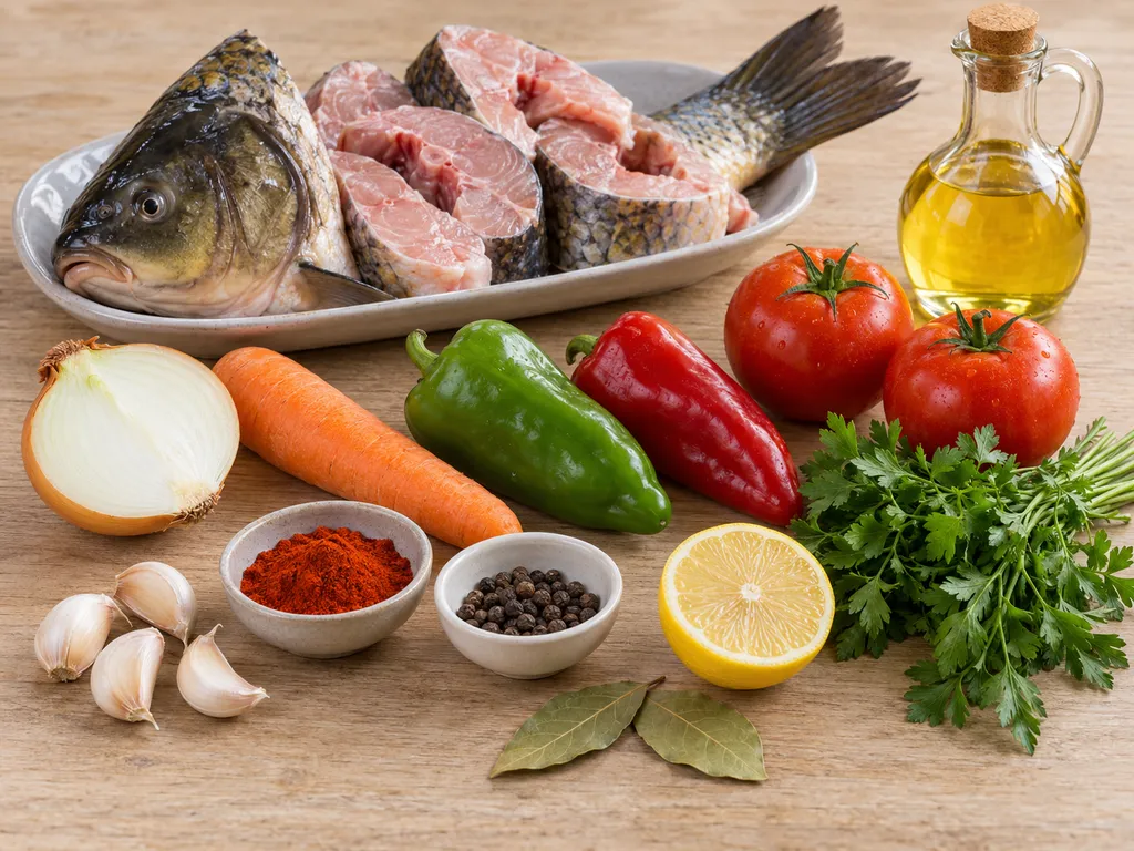 Продукти за рибена чорба от речна риба върху дървена маса