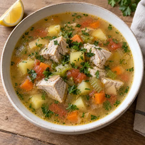 Рибена чорба с паламуд, картофи, моркови и магданоз в светла купа