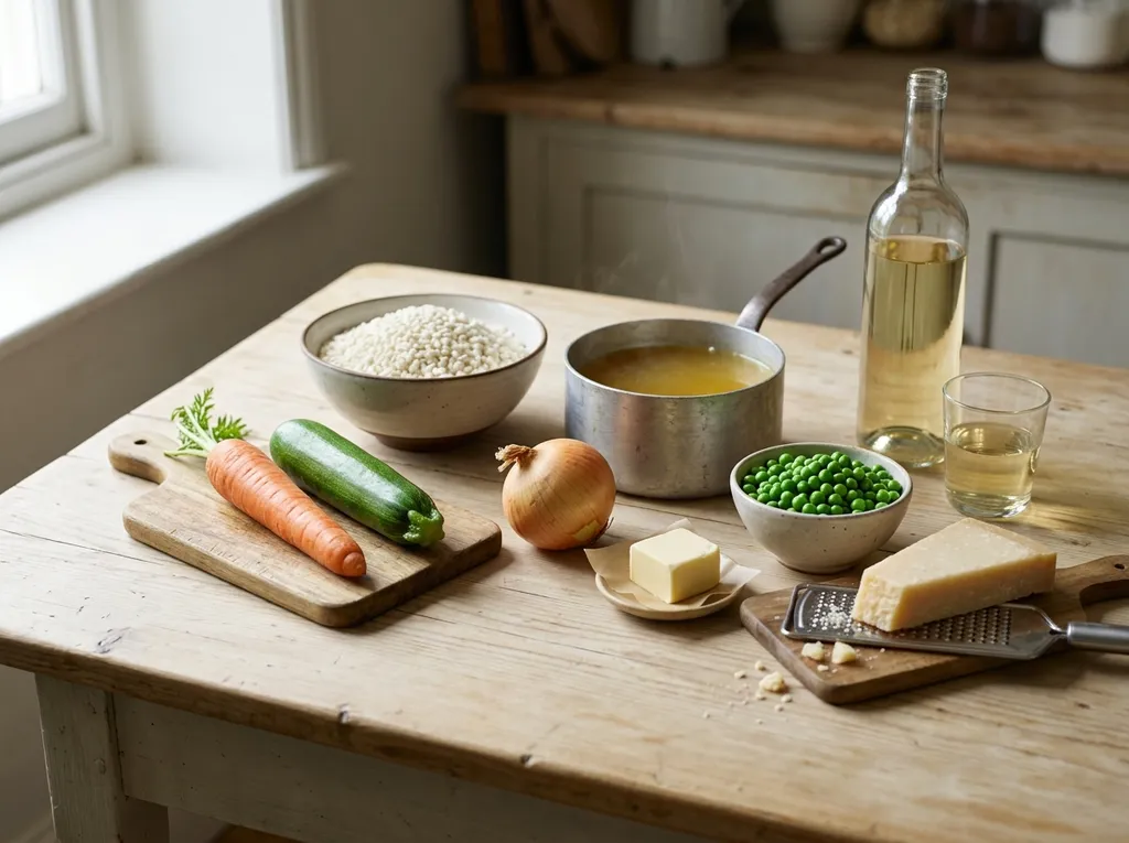 Продукти за ризото със зеленчуци, арборио, бульон, морков, тиквичка и грах