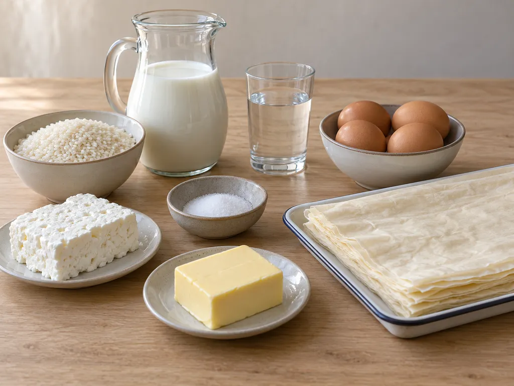 Ориз, мляко, вода, четири яйца, сирене, сол, масло и кори за родопски клин