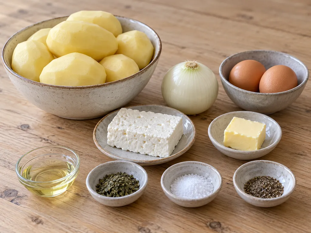 Картофи, лук, две яйца, сирене, джоджен, масло, олио, сол и черен пипер