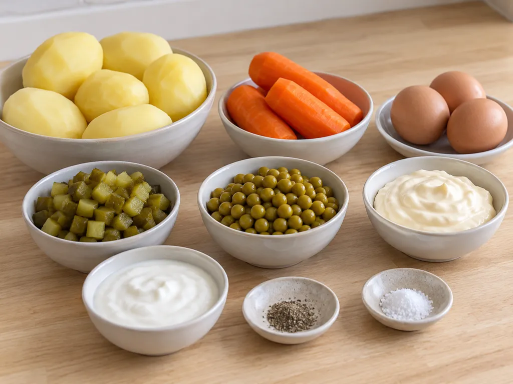 Картофи, моркови, три яйца, грах, краставички и продукти за майонезения сос
