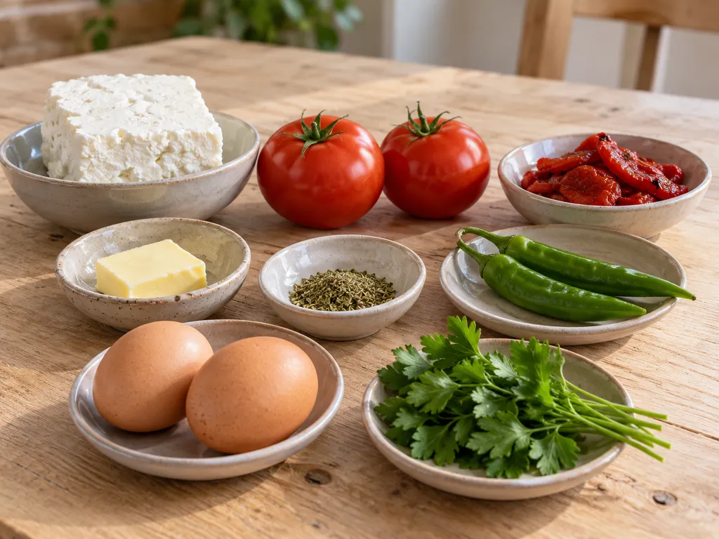 Сирене, домати, печена чушка, масло, чубрица, люти чушки, яйца и магданоз
