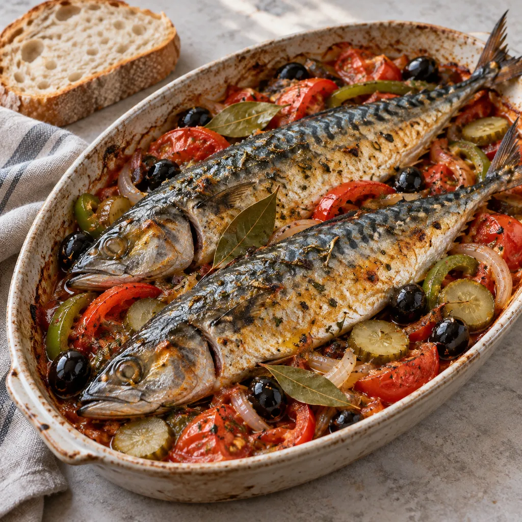 Печена скумрия върху домати, чушки, кисели краставички и маслини