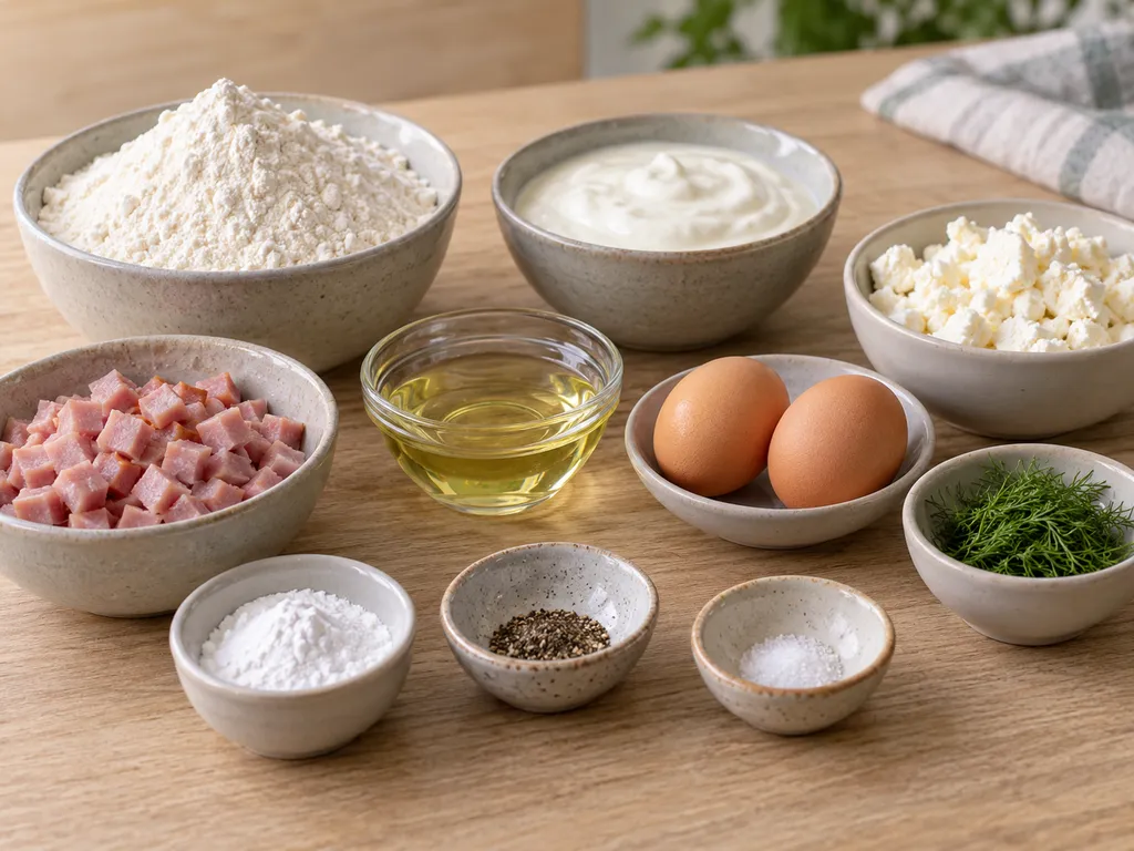 Брашно, яйца, кисело мляко, олио, сирене, шунка и копър за солени мъфини