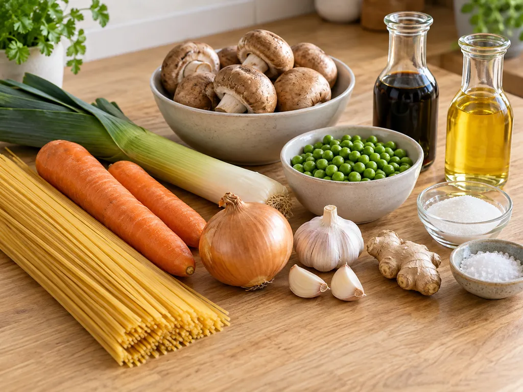 Продукти за спагети със зеленчуци по китайски на дървена маса