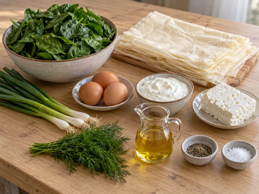 Спанак, кори, сирене, три яйца и останалите продукти за спаначник