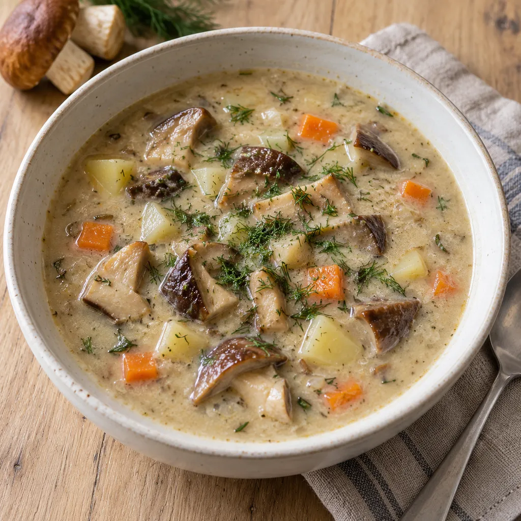 Супа от манатарки със застройка, картофи, морков и пресен копър в керамична купа