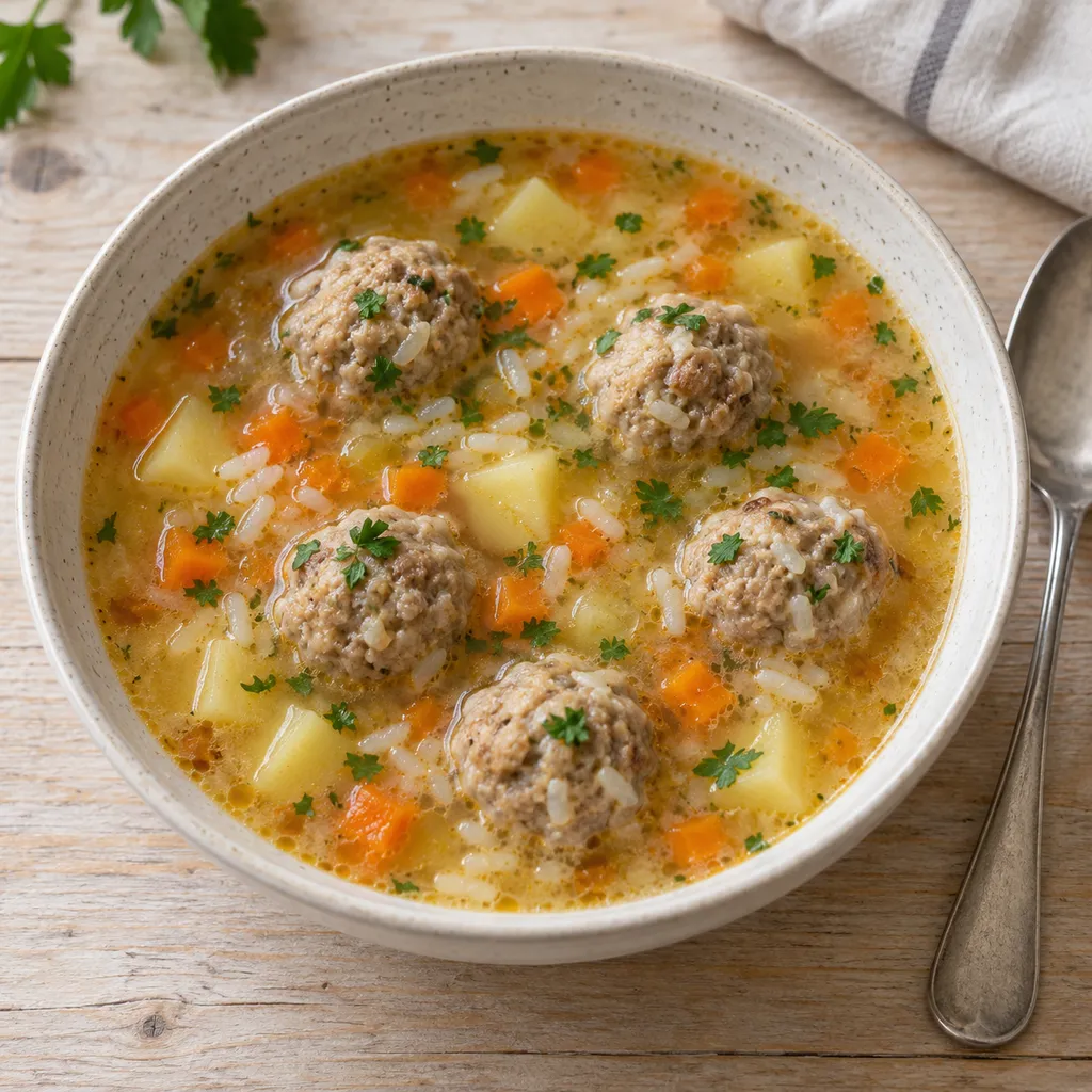 Супа топчета с ориз, моркови, картоф и магданоз в светла купа
