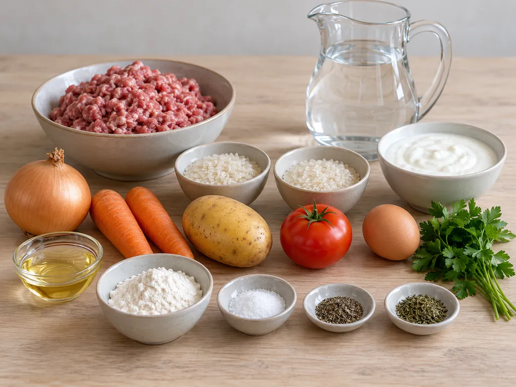 Кайма, ориз, зеленчуци, яйце и кисело мляко за супа топчета