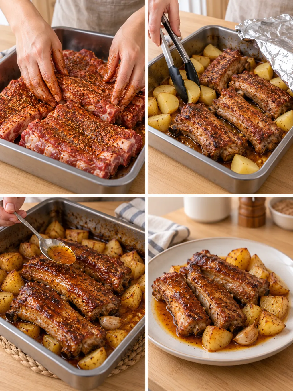 Овкусяване и печене на ребърца с картофи и готова порция в чиния