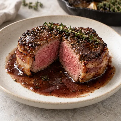Филе миньон с бекон, розова сърцевина и винен сос в чиния