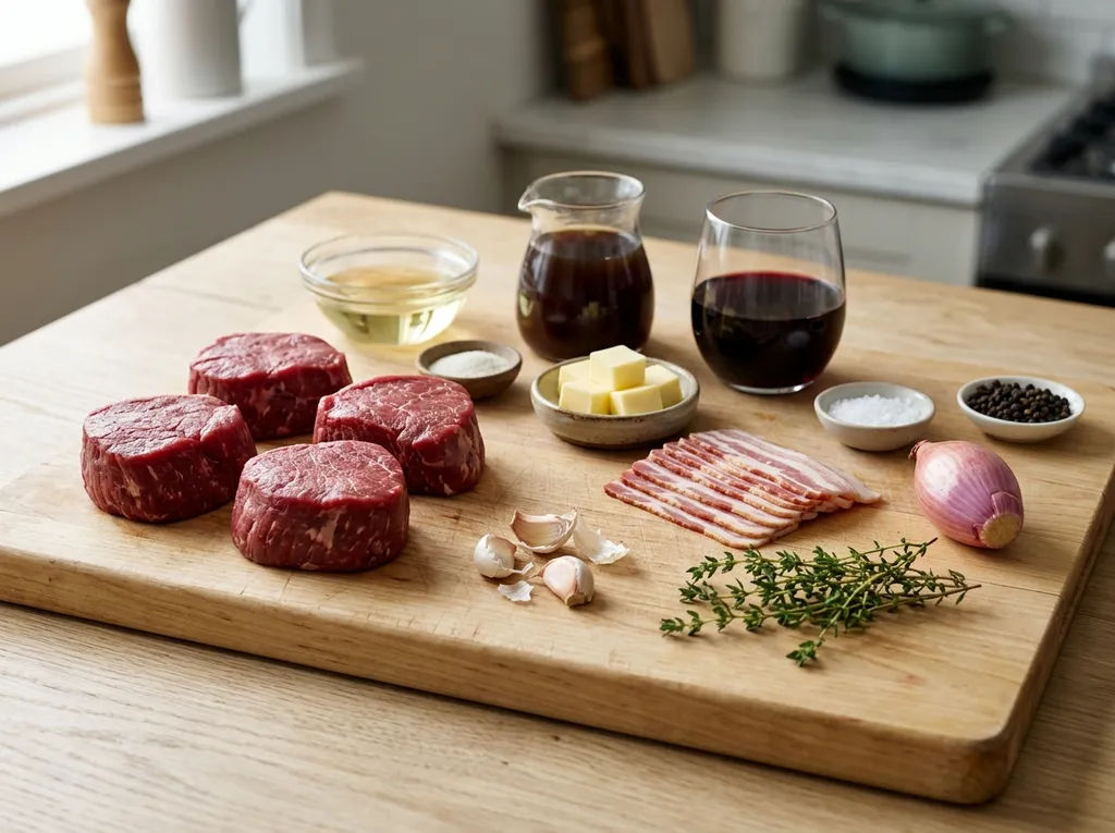 Сурови продукти за филе миньон с бекон и винен сос на дървена дъска