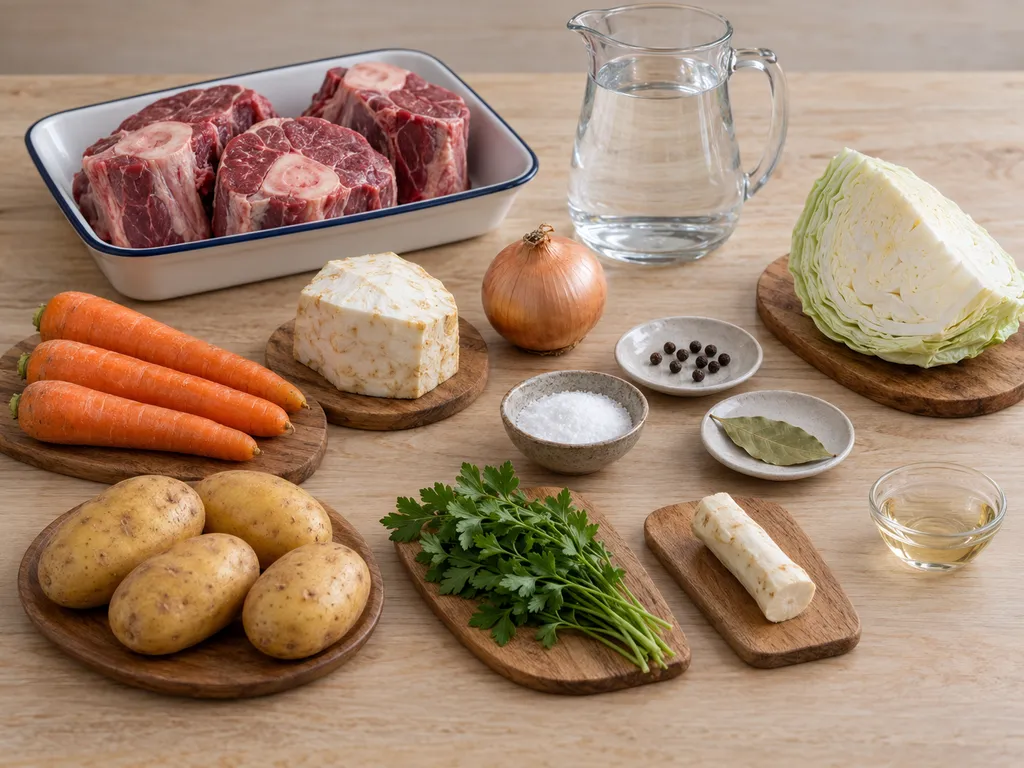 Телешки джолан, картофи, моркови, целина, зеле, подправки и хрян преди готвене