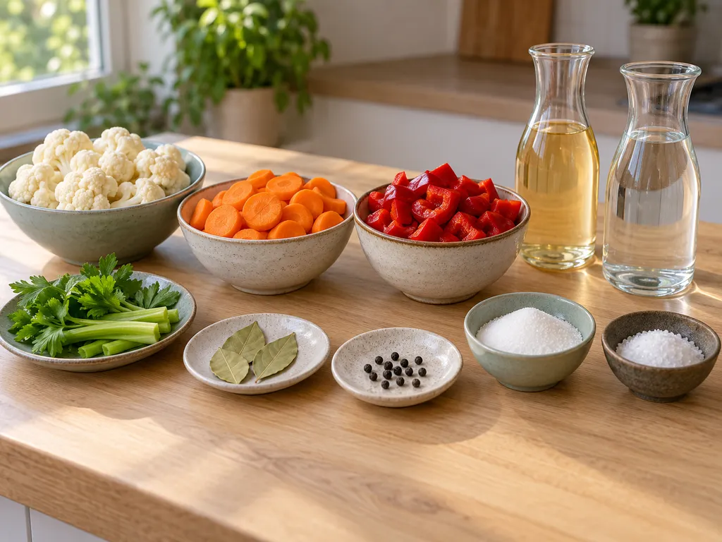 Карфиол, моркови, камби, целина и отделени продукти за сладко-киселата марината