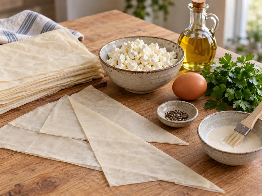 Продукти за цигарени бюреци, кори, сирене, яйце, магданоз и олио на дървена маса