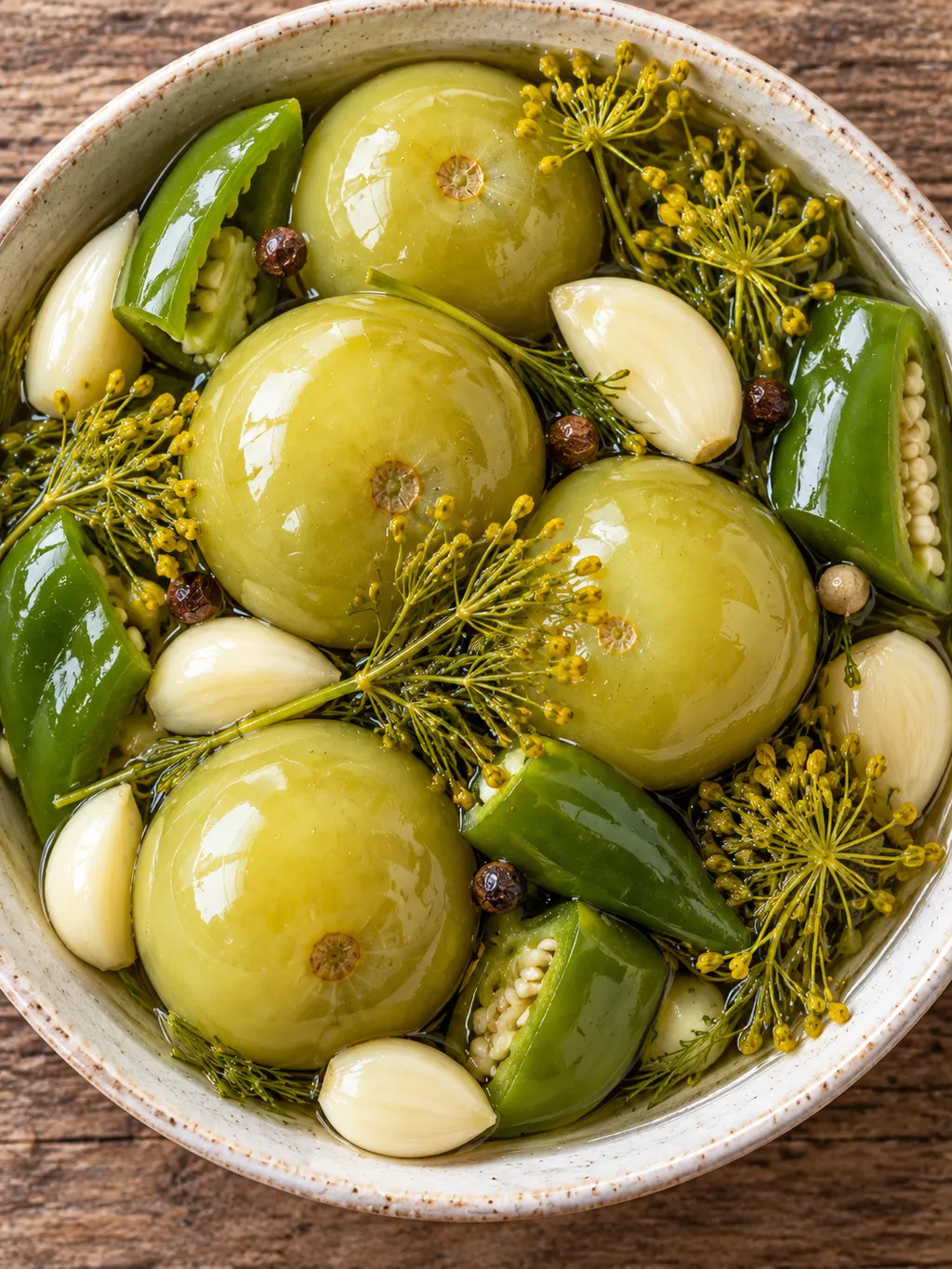 Купа с хрупкави зелени домати, чесън и копър отгоре