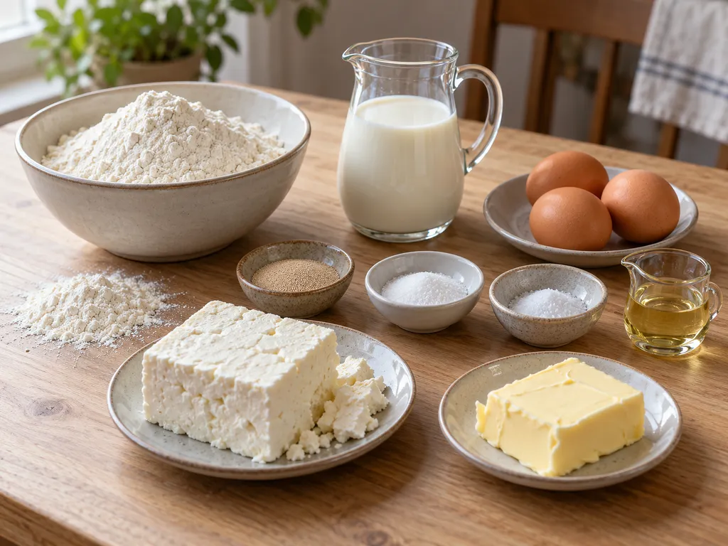 Брашно, мая, мляко, три яйца, масло и сирене за домашен тутманик