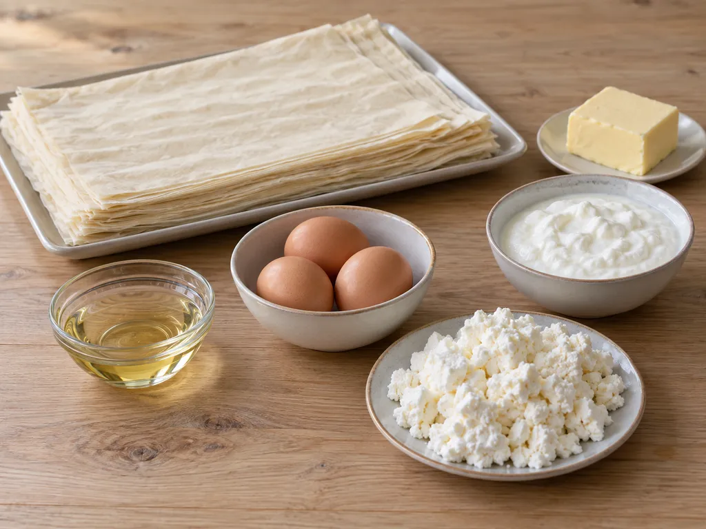 Тънки кори, сирене, три яйца, кисело мляко, масло и олио за вита баница