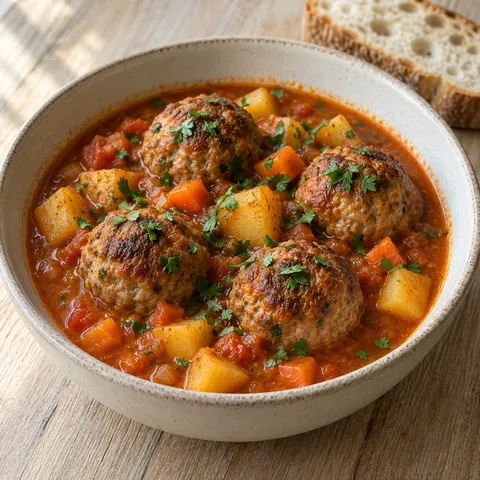 Яхния с кюфтета, картофи и червен сос с магданоз в дълбока купа
