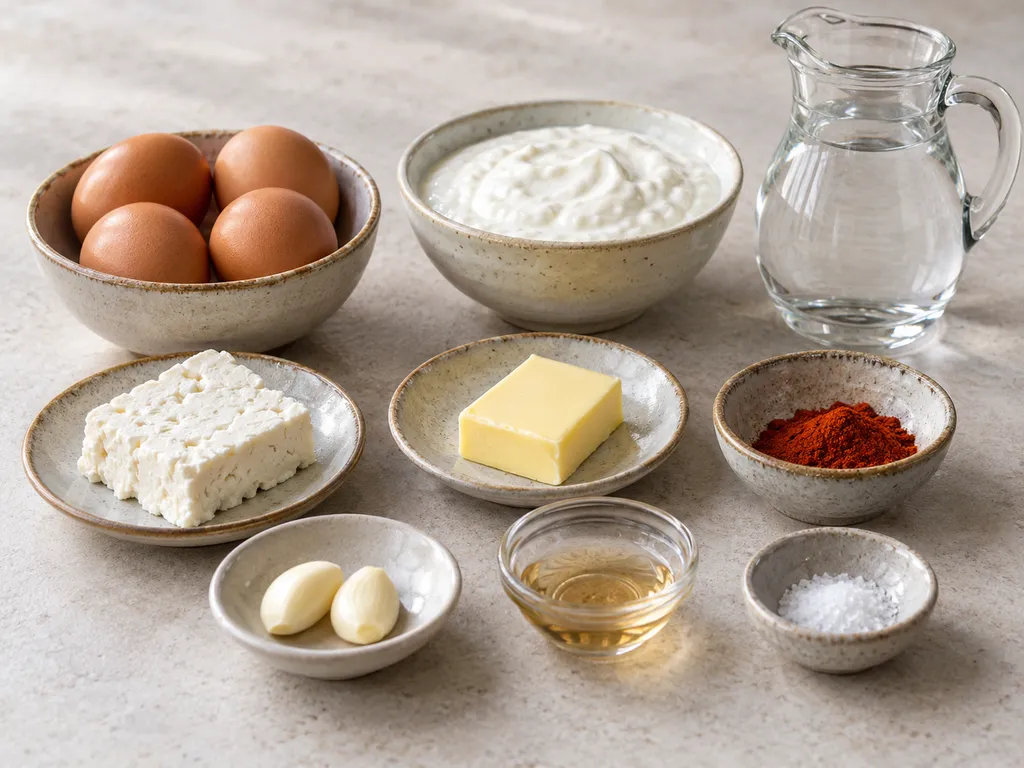 Яйца, кисело мляко, чесън, сирене, масло, червен пипер и оцет за две порции