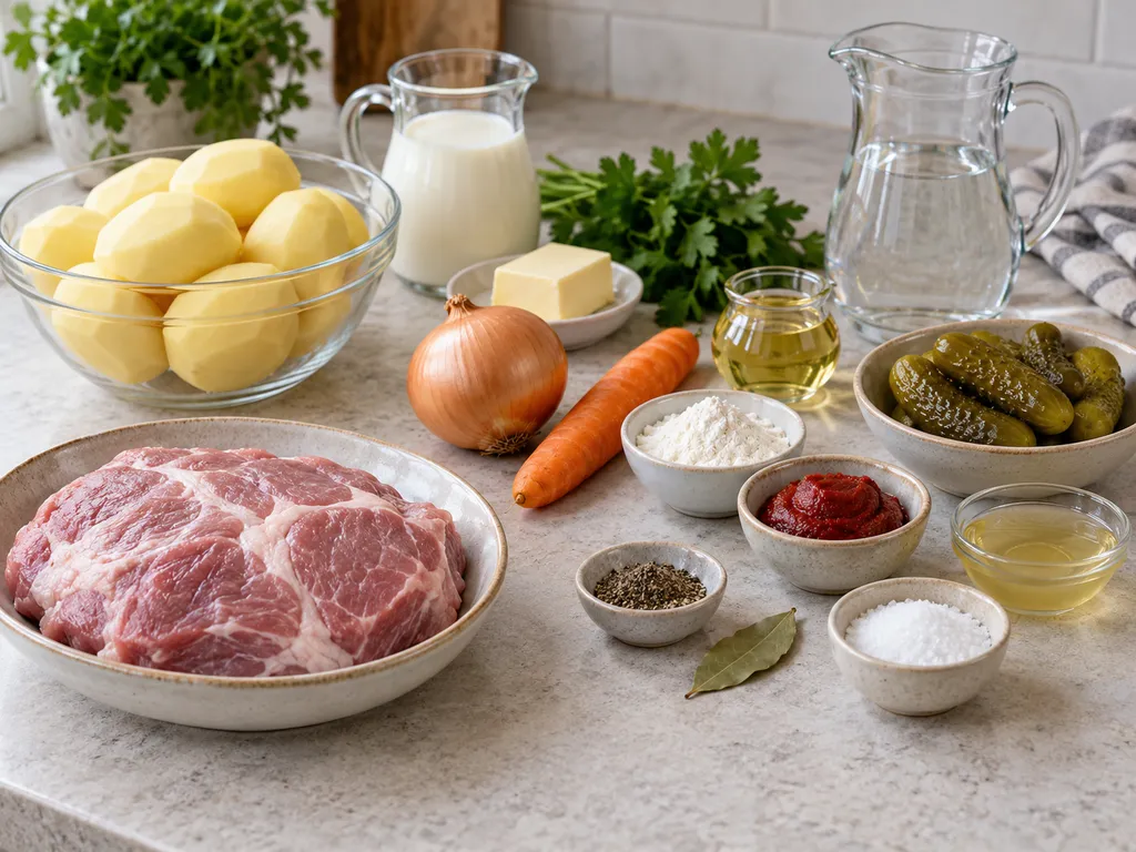 Свинска плешка, кисели краставички, картофи и останалите продукти за ястието