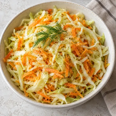 Зелева салата с настъргани моркови и копър в светла керамична купа